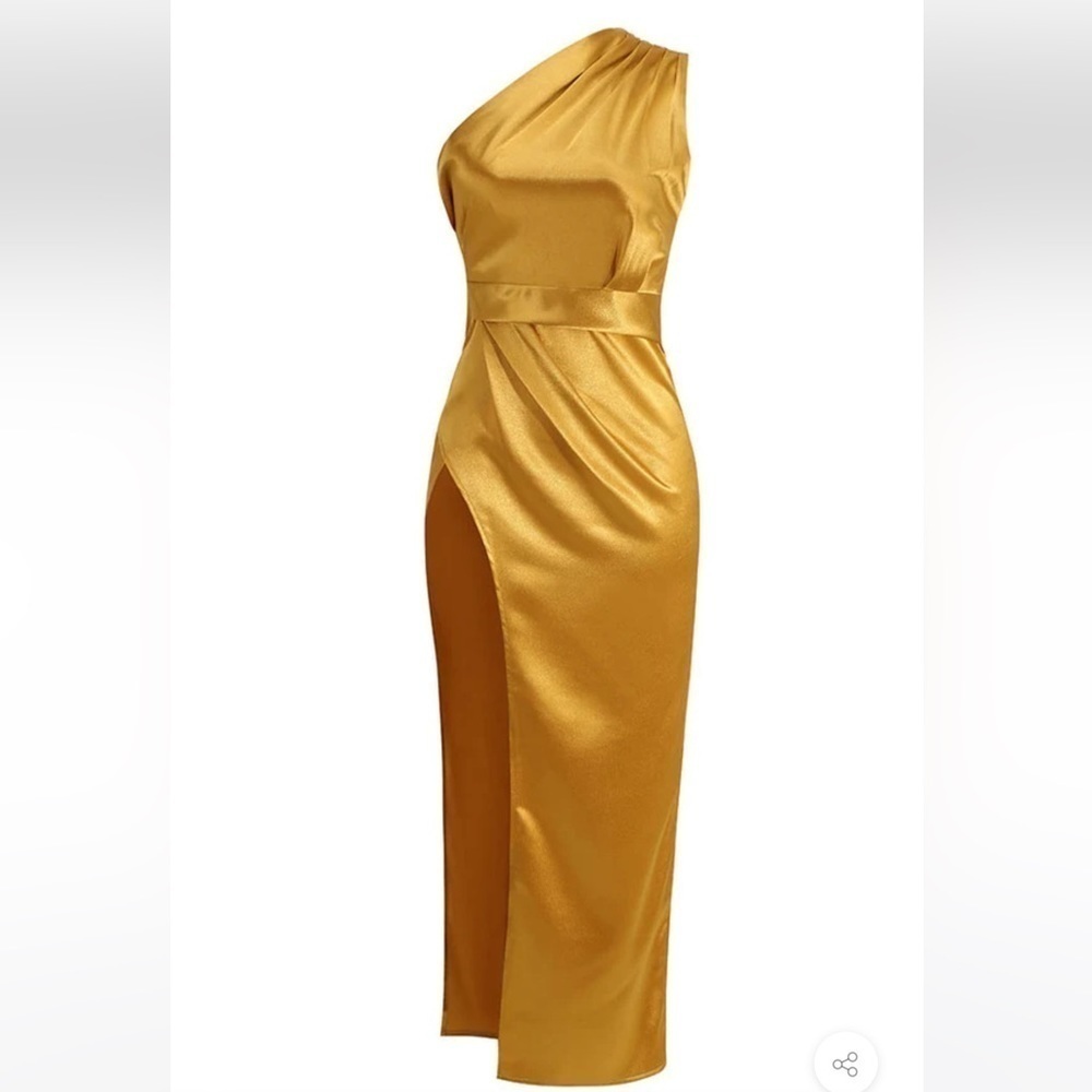 Nwt Rosedress Gold Goddess One Shoulder Satin Midi Dress — image 2 of 8